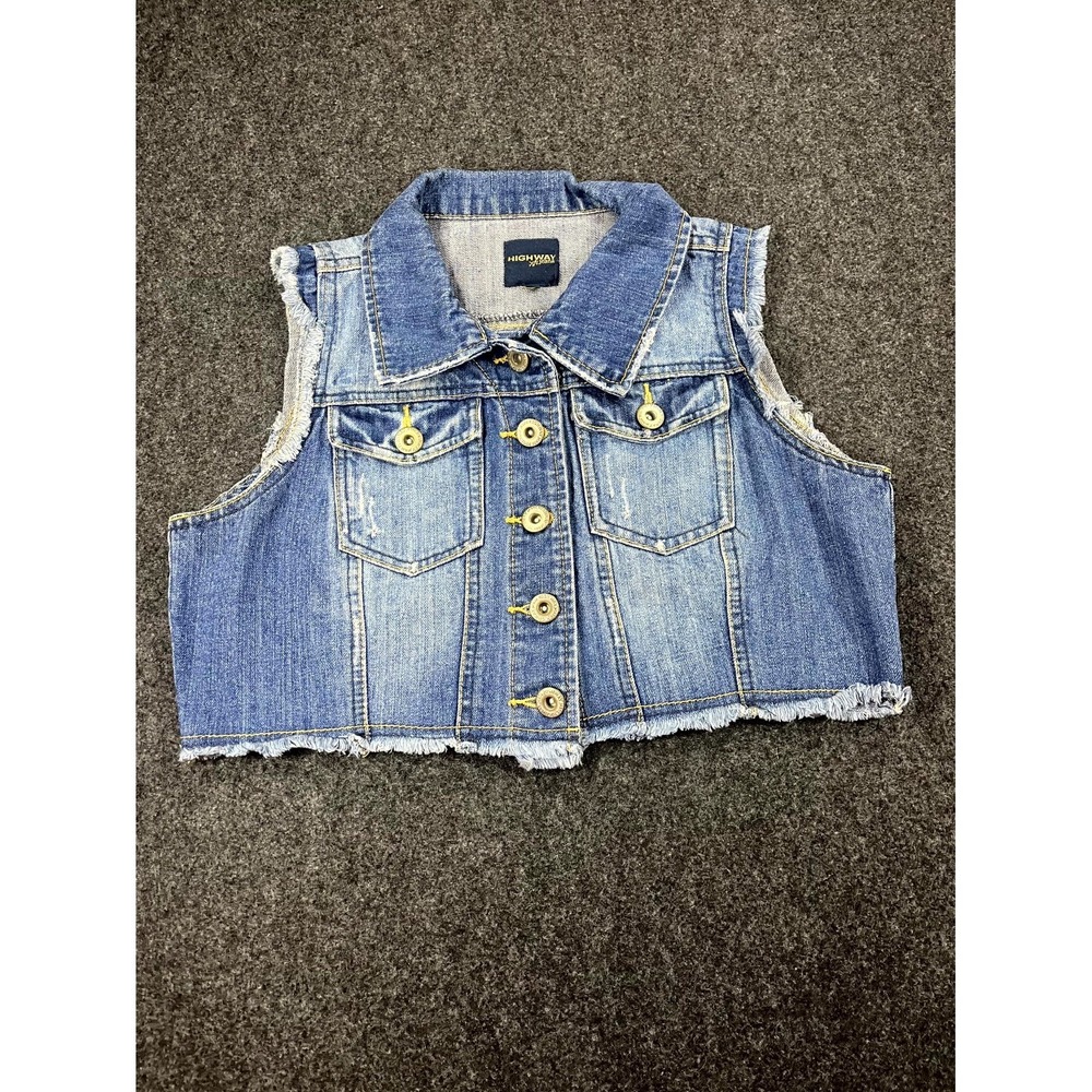 Y2K Highway Jeans Crop Vest XL Girls Blue Denim Frayed Hem Cotton‎ Button Front
